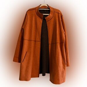Eileen Fisher Merino Wool Blend Open Front Long Cardigan Jacket Orange Brown XL